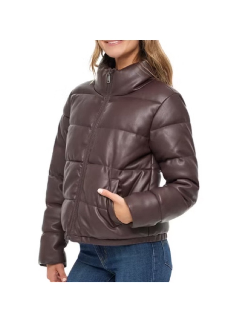 Sebby Chocolate Brown Quilted Vegan Leather Puffer Jacket